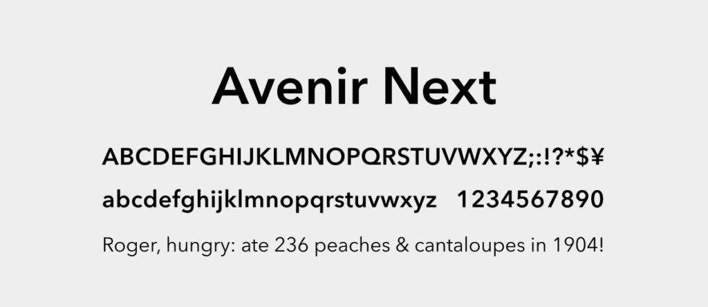 幾何学的サンセリフとしてのAvenir Nextのフォルムを紹介する文字見本