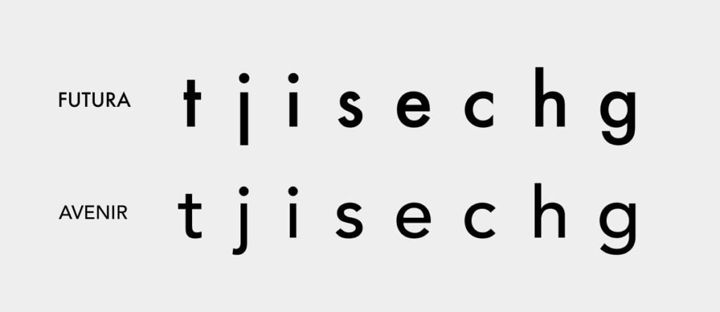 FuturaとAvenirの文字「t, j, i, s, e, c, h, g」の字形デザイン比較