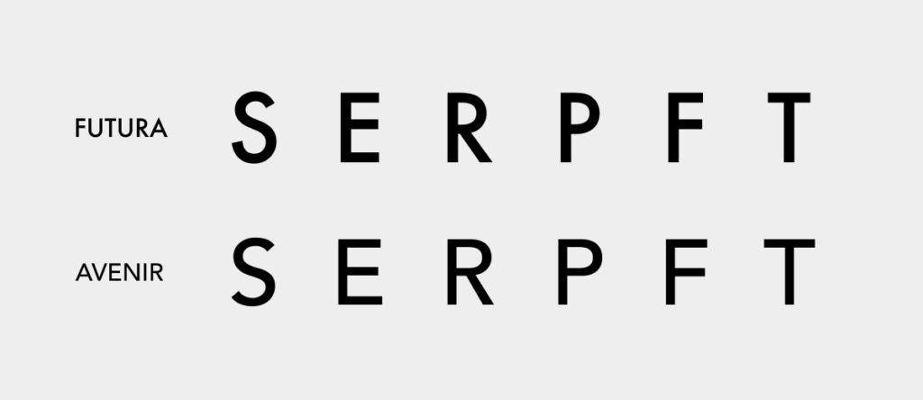 FuturaとAvenirの文字「S, E, R, P, F, T」の字形デザイン比較