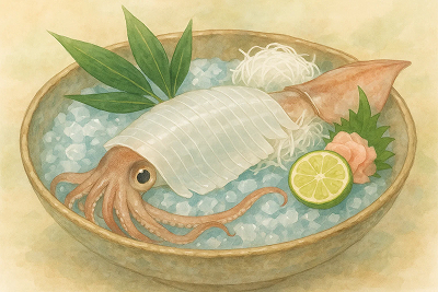 旬のスルメイカの刺身のイラスト