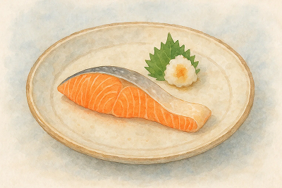 秋鮭の切り身と大根おろしを添えた水彩イラスト