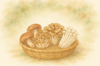 しいたけ、しめじ、まいたけ、えのきを盛り合わせた秋のきのこの水彩イラスト