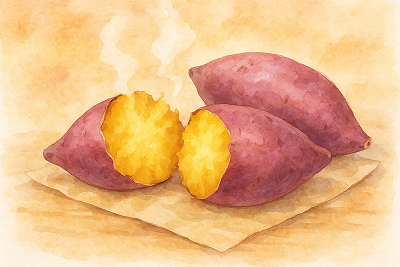 割った焼き芋から湯気が立ち上る秋のさつまいもの水彩イラスト