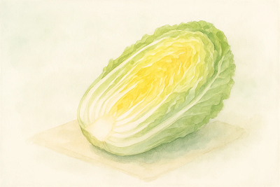 半割りの白菜(白い芯と淡い緑の葉)の水彩画イラスト