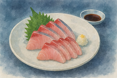 白い皿の寒ブリ刺身としそ・大根おろし・醤油の小皿の水彩イラスト