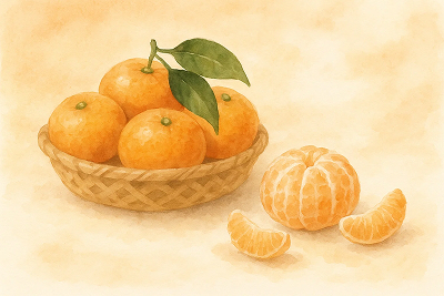 竹ざるの温州みかんと皮をむいた房、冬の旬の果物の水彩イラスト