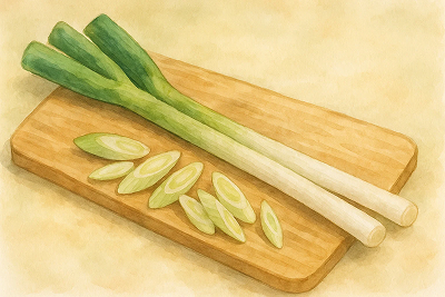 木のまな板に置かれた長ネギ2本と斜め切りの薬味、冬の旬の食材の水彩イラスト